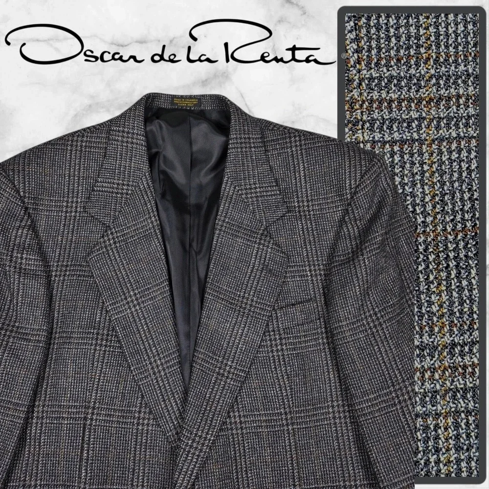 Oscar de‎ la Renta Blazer Jacket Men 44R Plaid Tweed Grey Brown Wool Designer